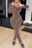 Black Sexy Solid See-through O Neck Skinny Jumpsuits