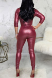 Purplish Red Sexy Casual Solid Split Joint Buckle Turndown Collar Three Quarter Two Pieces