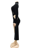 Blue Fashion Sexy Patchwork Solid Hollowed Out See-through Turtleneck Long Sleeve Dresses