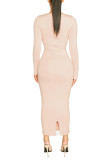 Khaki Fashion Sexy Solid Hollowed Out Sheath Dresses