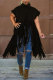 Black Fashion Vintage Solid Tassel Turtleneck Tops