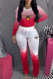 Red Fashion Casual Gradual Change Print Fold O Neck Long Sleeve Two Pieces