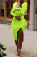 Fluorescent Green Fashion Elegant Letter Slit Square Collar One Step Skirt Dresses