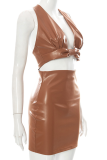 Brown Sexy Solid Patchwork Halter Sleeveless Two Pieces