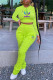 Fluorescent Green Fashion Casual Print Fold O Neck Long Sleeve Two Pieces