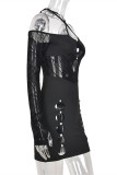 Black Sexy Patchwork Solid Hollowed Out Backless Off the Shoulder Long Sleeve Dresses