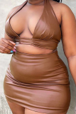 Brown Sexy Solid Patchwork Halter Sleeveless Two Pieces