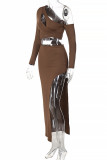 Coffee Sexy Solid Bandage Hollowed Out Backless Oblique Collar Long Sleeve Two Pieces
