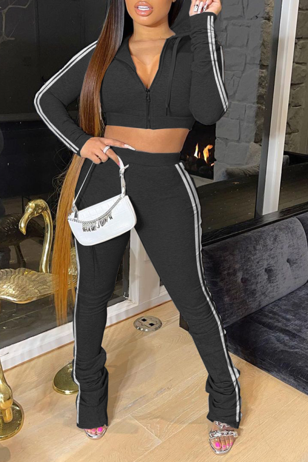 Black Casual Solid Patchwork Hooded Collar Long Sleeve Two Pieces