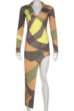Multicolor Fashion Sexy Print Asymmetrical V Neck Long Sleeve Dresses