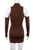 Brown Fashion Sexy Solid Bandage Hollowed Out Half A Turtleneck Long Sleeve Dresses