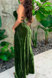 Green Sexy Solid High Opening Spaghetti Strap Irregular Dress Dresses