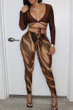 Deep Coffee Sexy Color Lump Bandage Long Sleeve Two Pieces