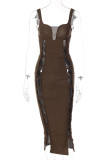 Black Sexy Solid Hollowed Out Patchwork Backless V Neck Sling Dress