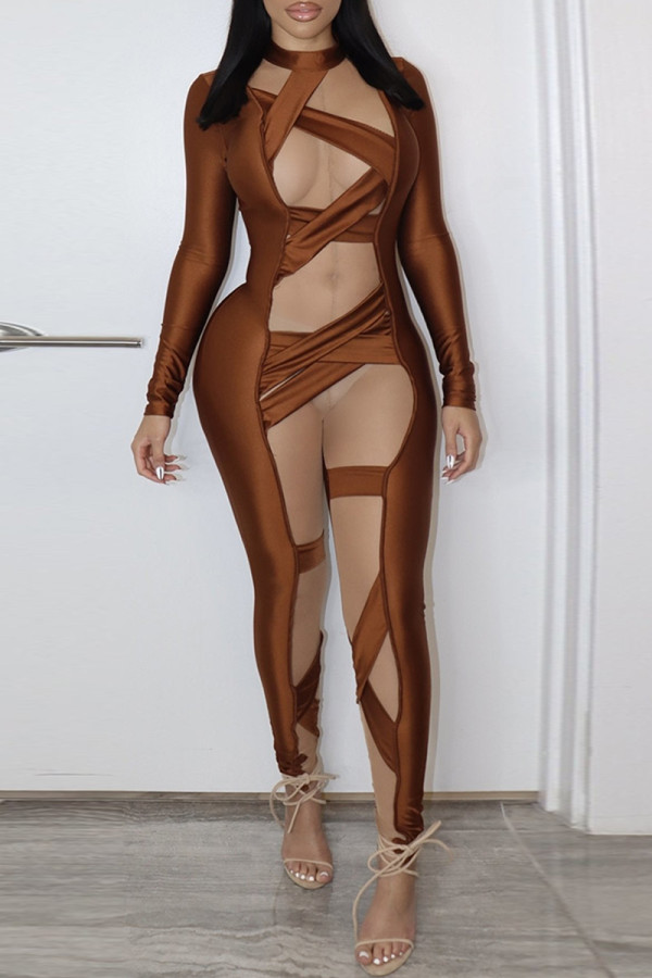 Brown Sexy Solid See-through O Neck Skinny Jumpsuits