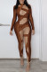 Brown Sexy Solid See-through O Neck Skinny Jumpsuits
