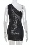 Black Fashion Sexy Patchwork Sequins See-through One Shoulder Sleeveless Dress
