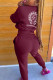Burgundy Fashion Casual Print Basic Long Sleeve Two Pieces