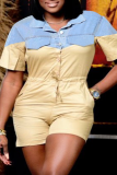 Yellow Fashion Solid Patchwork Turndown Collar Straight Rompers