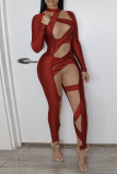 Red Sexy Solid See-through O Neck Skinny Jumpsuits