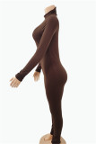 Brown Fashion Casual Solid Basic Turtleneck Skinny Jumpsuits
