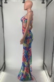 Blue Fashion Sexy Print Bandage Backless Spaghetti Strap Long Dress
