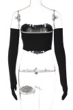 Black Fashion Sexy Solid Patchwork Asymmetrical Strapless Tops