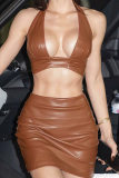 Brown Sexy Solid Patchwork Halter Sleeveless Two Pieces