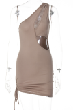 White Sexy Solid Hollowed Out One Shoulder Pencil Skirt Dresses