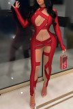 Red Sexy Solid See-through O Neck Skinny Jumpsuits