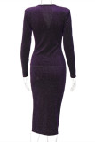Purple Fashion Sexy Patchwork Slit Bright Silk V Neck Long Sleeve Evening Dress
