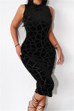 Black Fashion Sexy Plaid Basic Half A Turtleneck Sleeveless Dress
