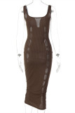 Black Sexy Solid Hollowed Out Patchwork Backless V Neck Sling Dress