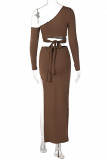 Coffee Sexy Solid Bandage Hollowed Out Backless Oblique Collar Long Sleeve Two Pieces