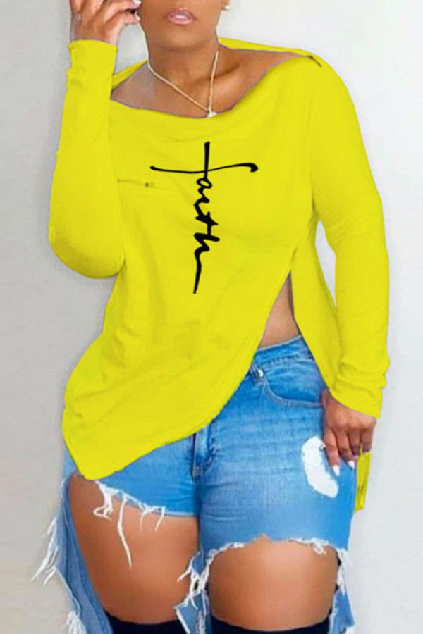 Yellow Casual Street Print Patchwork Asymmetrical Zipper Off the Shoulder Tops