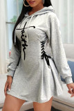 Grey Casual Print Patchwork Frenulum Hooded Collar A Line Dresses