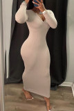 Apricot Fashion Casual Solid Basic V Neck Long Sleeve Dresses