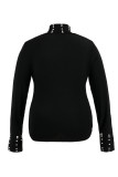 Black Casual Solid Patchwork Beading Turtleneck Tops