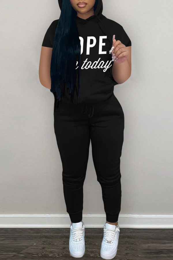 Black Fashion Casual Letter Print Basic Hooded Collar Long Sleeve Two Pieces