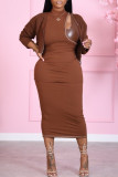 Brown Fashion Solid Hollowed Out Patchwork Turtleneck Long Sleeve Top Sleeveless Dress Two Pieces