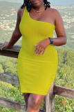 Yellow Sexy Casual Solid Backless One Shoulder Sleeveless Dress