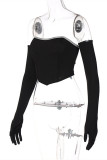 Black Fashion Sexy Solid Patchwork Asymmetrical Strapless Tops