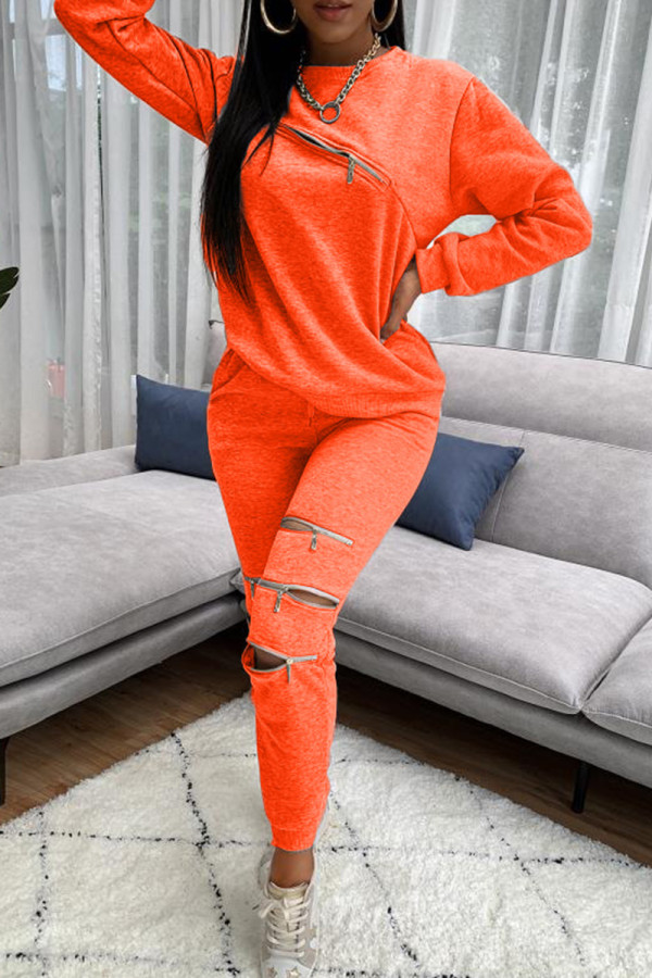 Orange Fashion Casual Solid Patchwork Zipper O Neck Long Sleeve Two Pieces