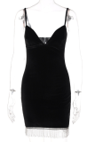 Black Sexy Solid Patchwork Rhinestone Spaghetti Strap Pencil Skirt Dresses