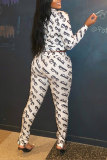 White Casual Daily Cute Print Frenulum Printing Zipper O Neck Long Sleeve Two Pieces