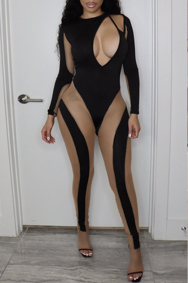Black Sexy Patchwork Patchwork Skinny Jumpsuits