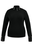 Black Casual Solid Patchwork Beading Turtleneck Tops