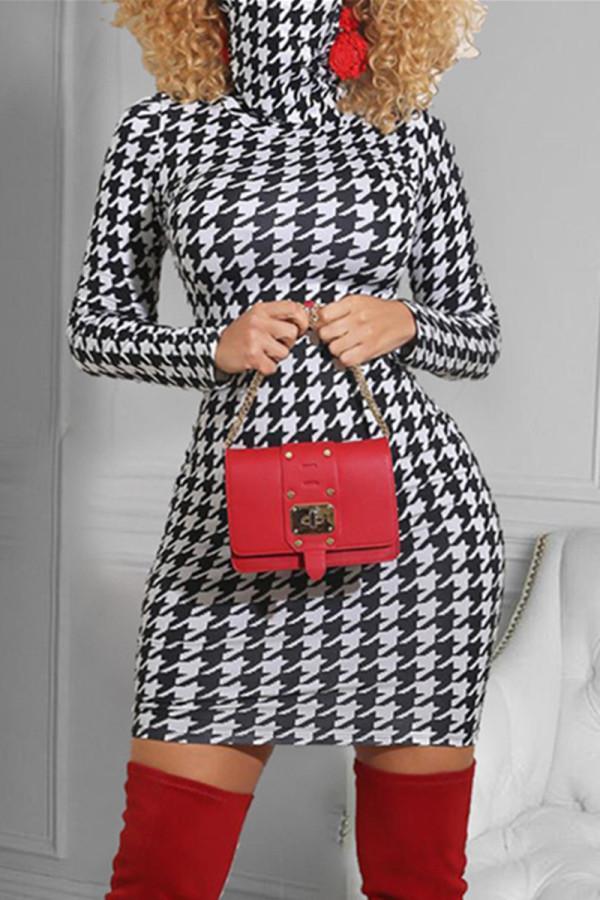 Black White Fashion Sexy Print Basic Turtleneck Printed Dress