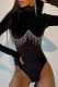 Black Sexy Patchwork Rhinestone Half A Turtleneck Skinny Bodysuits