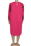Rose Red Casual Print Split Joint Fold O Neck A Line Dresses